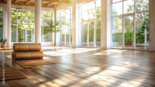 Serene Yoga Studio with Rolled Mats © Nijam