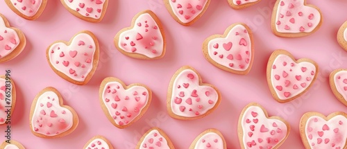 A row of pink heart-shaped cookies with icing