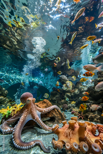 An octopus and underwater panorama, generative ai