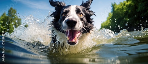 An adorable pet pooch joyfully splashing and paddling in a body of water photo