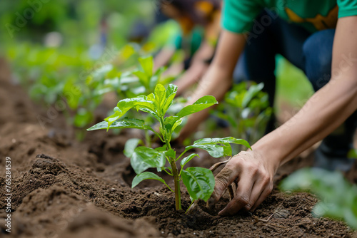 A person planting a seedling in soil for spring growth, surrounded by young leaves and organic vegetables