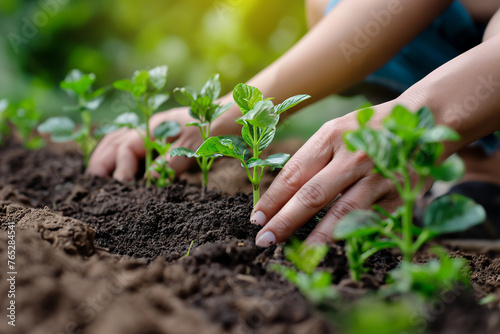 A person planting a seedling in soil for spring growth, surrounded by young leaves and organic vegetables