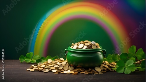 Concept of Saint Patrick's Day and Leprechaun's pot of gold coins with copy space on green and a rainbow showing where the leprechaun buried treasure. The patron saint of Ireland is St. Patrick.