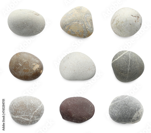 Sea pebbles. Different stones isolated on white, set