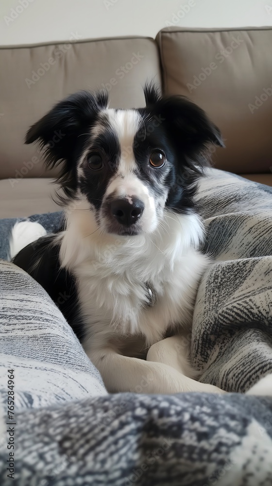 Entzückender weißer und schwarzer Hund mit großen Augen, der auf der Couch sitzt, Konzept Hund als Familienmitglied Entzückender weißer und schwarzer Hund mit großen Augen, der auf der Couch sitzt, Konzept Hund als Familienmitglied