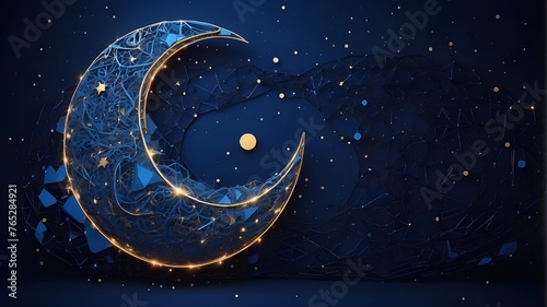 Digital Ramadan moon in an abstract style against a starry night sky. The blue technological crescent is made up of thin lines and linked, illuminating dots. Islamic lunar orbit. Holy Aid. Low-poly wi photo