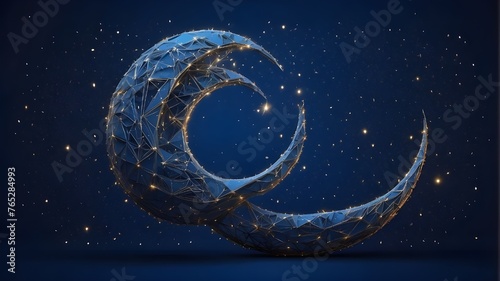 Digital Ramadan moon in an abstract style against a starry night sky. The blue technological crescent is made up of thin lines and linked, illuminating dots. Islamic lunar orbit. Holy Aid. Low-poly wi