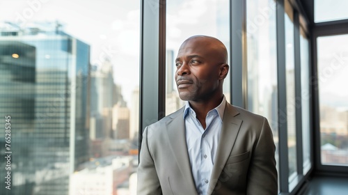 optimistic black businessman executive CEO in corporate modern office thinking contemplating and looking out window skyscraper cityscape daytime 