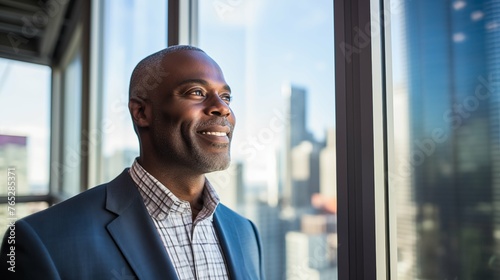 optimistic black businessman executive CEO in corporate modern office thinking contemplating and looking out window skyscraper cityscape daytime  photo