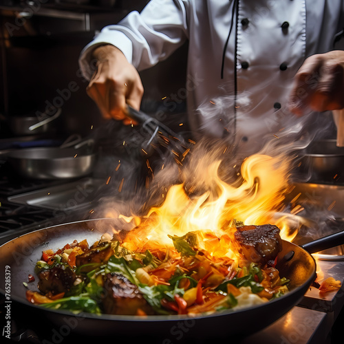 A close-up of a chef flambeing a dish in a restaurant