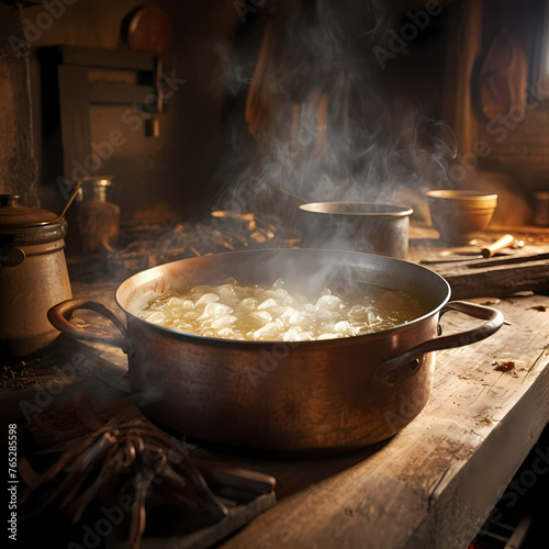 A close-up of a pot of bubbling soup in a rustic kitchen