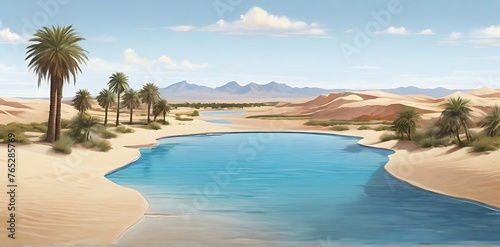 A desert oasis with palm trees, a shimmering blue pool, and sand dunes stretching into the distance.