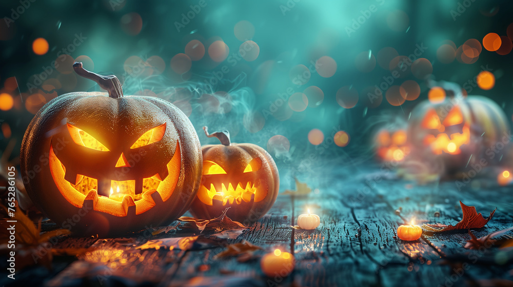 A collection of intricately carved pumpkins whimsically arranged on a rustic wooden table, creating a festive and magical Halloween display A collection of intricately carved pumpkins whimsically arranged on a rustic wooden table, creating a festive and magical Halloween display