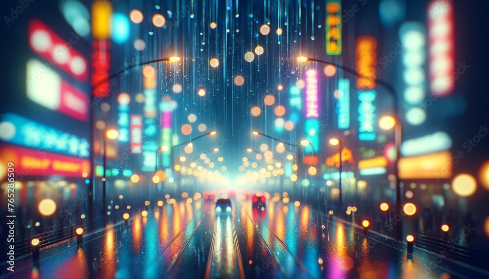 Rainy Night in Neon-Lit City Street