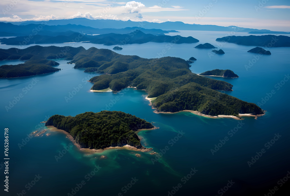 Aerial view of the archipelago with islands covered in dense green forests and pristine blue waters