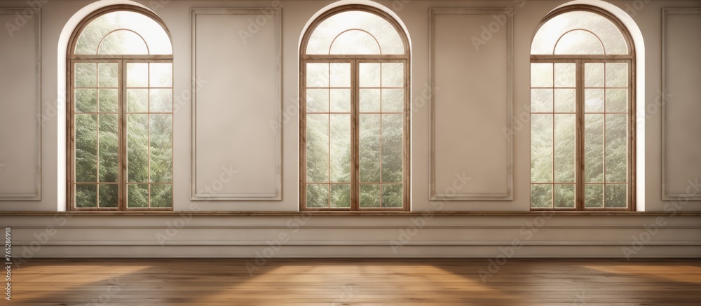 An interior close-up shot showcasing a room with three windows and a wooden floor