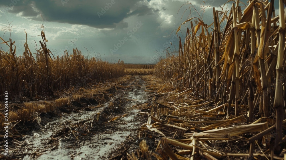 The aftermath of a hailstorm is seen in the broken stalks and destroyed harvest leaving a haunting silence in its wake.