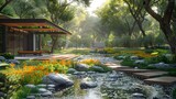 park scene with lush greenery, tranquil ponds, and winding pathways, capturing the beauty of nature in ultra-realistic 16k resolution