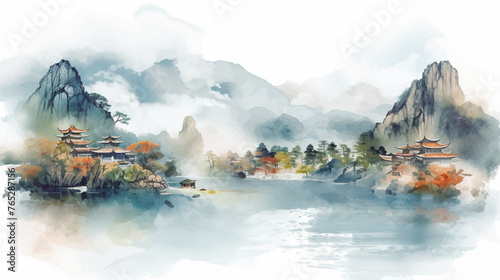 Abstract beautiful traditional chinese or japanese temple house hill with river, cloudy and mountain scenery landscape watercolor painting wallpaper oriental background. Clouds, mountain, river