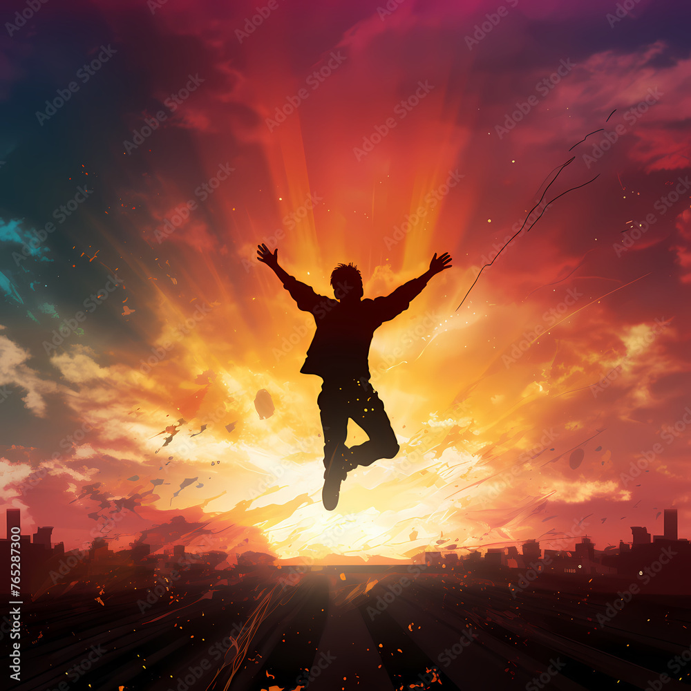A silhouette of a person jumping against a colorful background