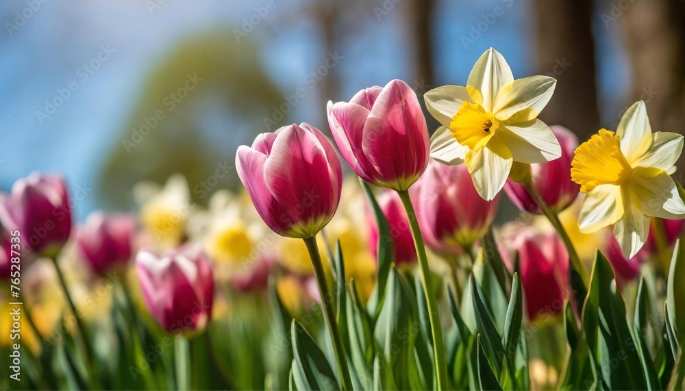 Vibrant Tulips and Daffodils in Sunlit Spring Garden