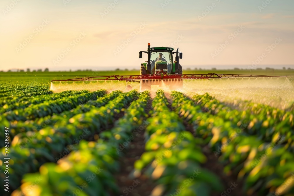 A tractor spraying pesticide on soybean farm at spring sunset. A tractor spraying pesticide on soybean farm at spring sunset.