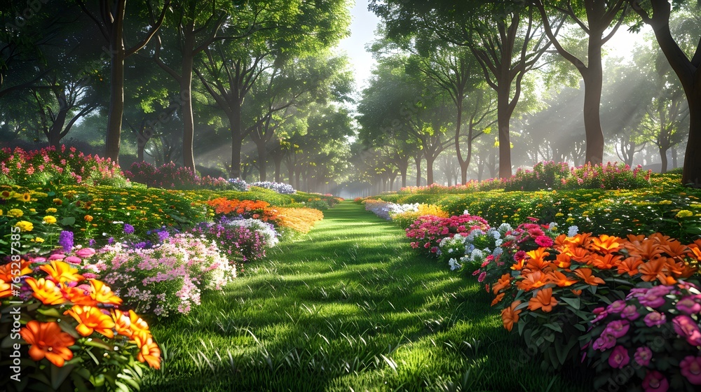 a community park, with colorful flower beds, shady trees, and a sense of community spirit, portrayed in stunning full ultra HD