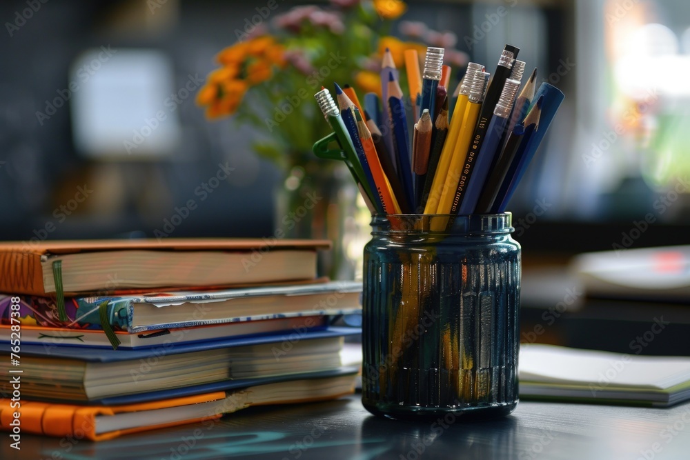 Books piled up on the table. Generate AI image Books piled up on the table. Generate AI image