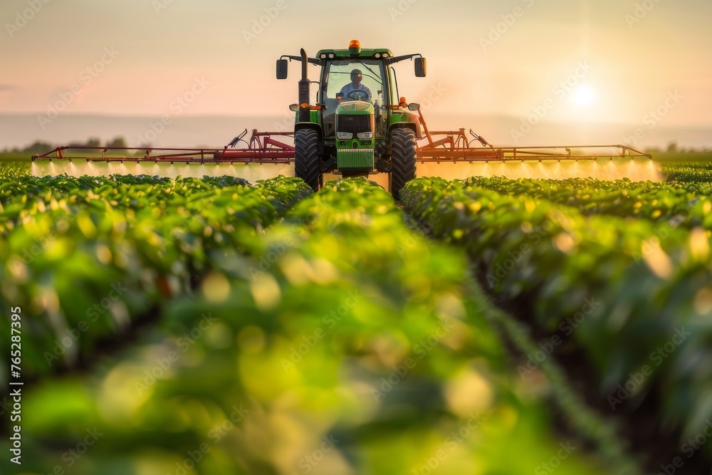 A tractor spraying pesticide on soybean farm at spring sunset. A tractor spraying pesticide on soybean farm at spring sunset.