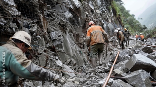 A group of workers laboring to reinforce a mountain slope with sy rocks and metal barriers in an effort to prevent future landslides. The daunting task is made even more difficult