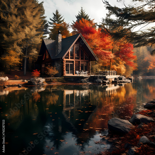 A tranquil lakeside cabin surrounded by autumn foliage