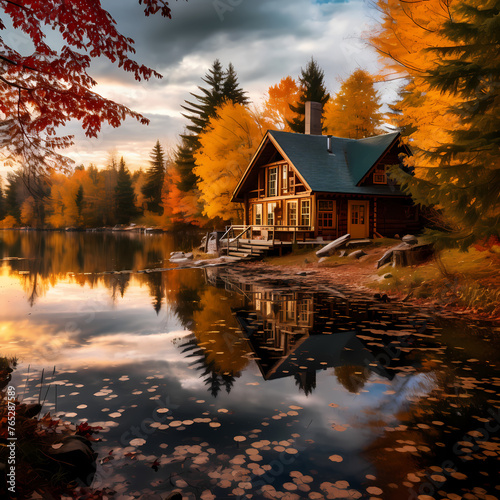 A tranquil lakeside cabin surrounded by autumn foliage © Cao