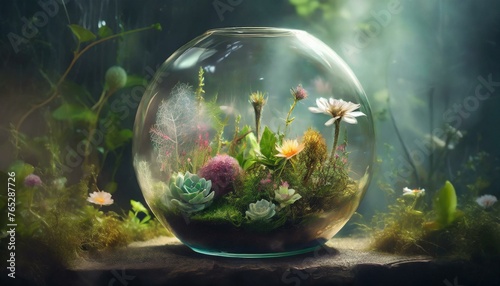 In a world teetering on the brink of destruction, there exists a glass bowl terrarium abundant with a multitude of flowering plants. Despite the chaos surrounding it, this miniature ecosystem thrives  photo