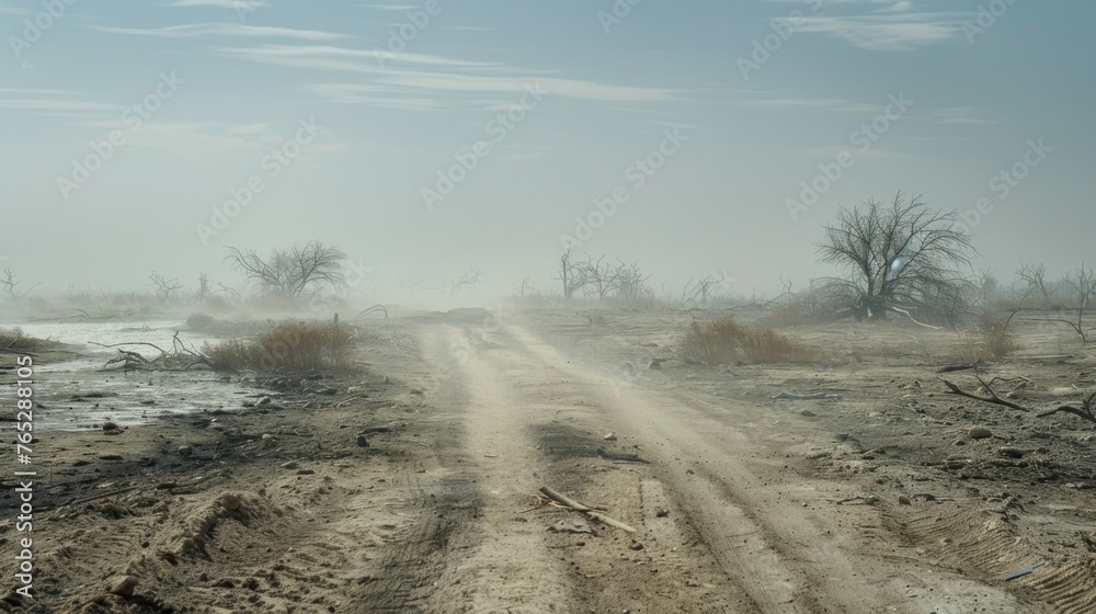 A dusty road winds through a desolate landscape dotted with skeletal trees and driedup ponds. The impact of drought is evident in the parched terrain with human settlements - obrazy, fototapety, plakaty 