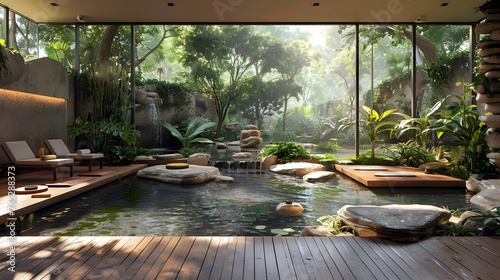 a yoga and meditation garden, with lush vegetation, tranquil water features, and designated spaces for practice, inviting practitioners to find inner peace in 16k realism © Artistic_Creation