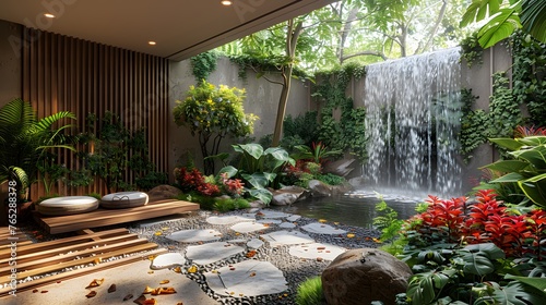 a yoga and meditation garden, with lush vegetation, tranquil water features, and designated spaces for practice, inviting practitioners to find inner peace in 16k realism