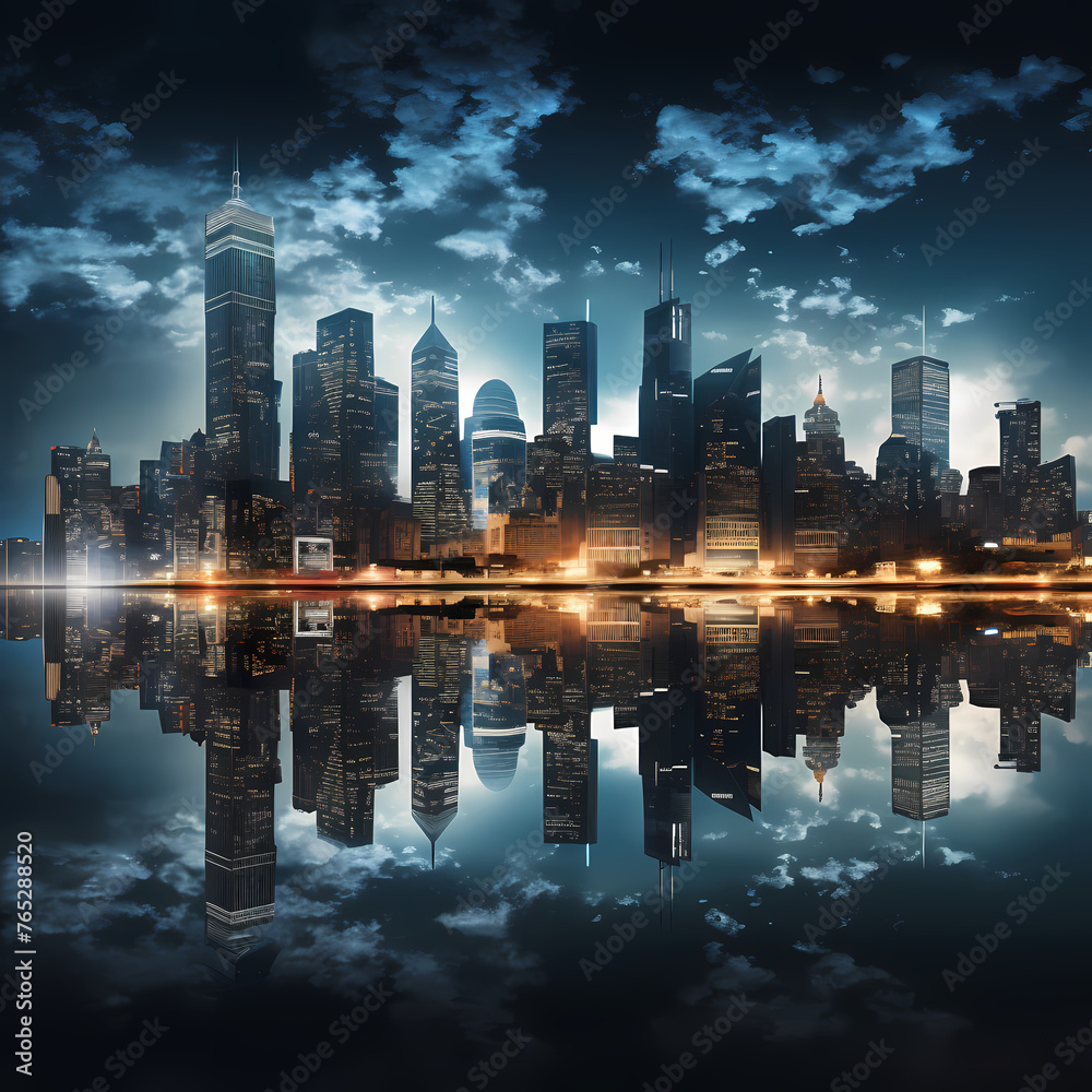 Nighttime cityscape with reflections in the water. 