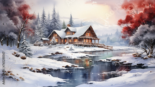 A watercolor painting of A cozy cabin with glowing windows sits by a frozen lake, surrounded by snow-covered trees and a dusk sky.