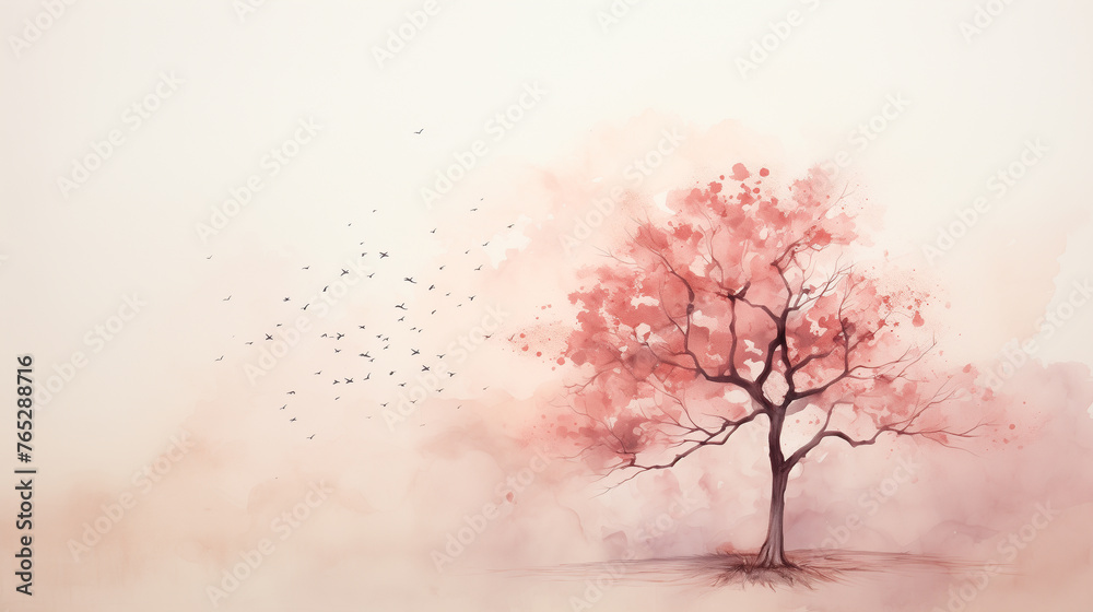 A cherry blossom tree in full bloom is depicted in the watercolor illustration, painted with soft pink strokes, evoking a springtime atmosphere. A cherry blossom tree in full bloom is depicted in the watercolor illustration, painted with soft pink strokes, evoking a springtime atmosphere.