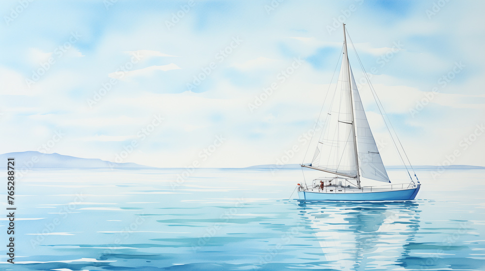 In the digital watercolor illustration, a sailboat glides on a calm ocean under a soft sky.