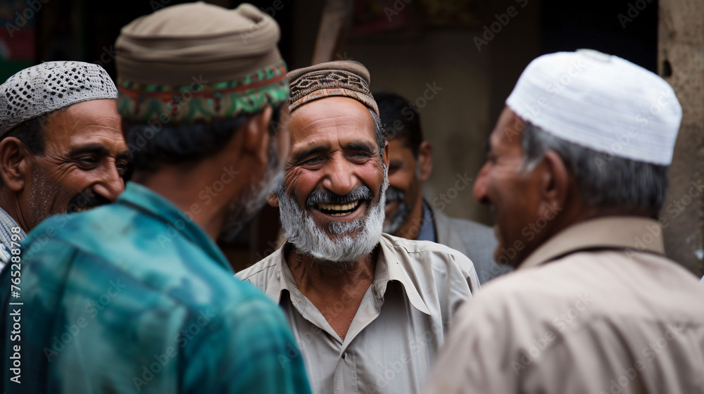 Group of elderly men in traditional hats laughing, sharing a moment of joy and camaraderie.

