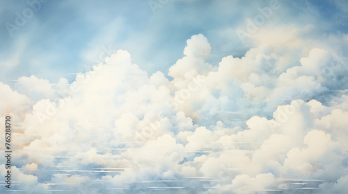 The watercolor illustration depicts a blue sky filled with fluffy white clouds. © NaphakStudio