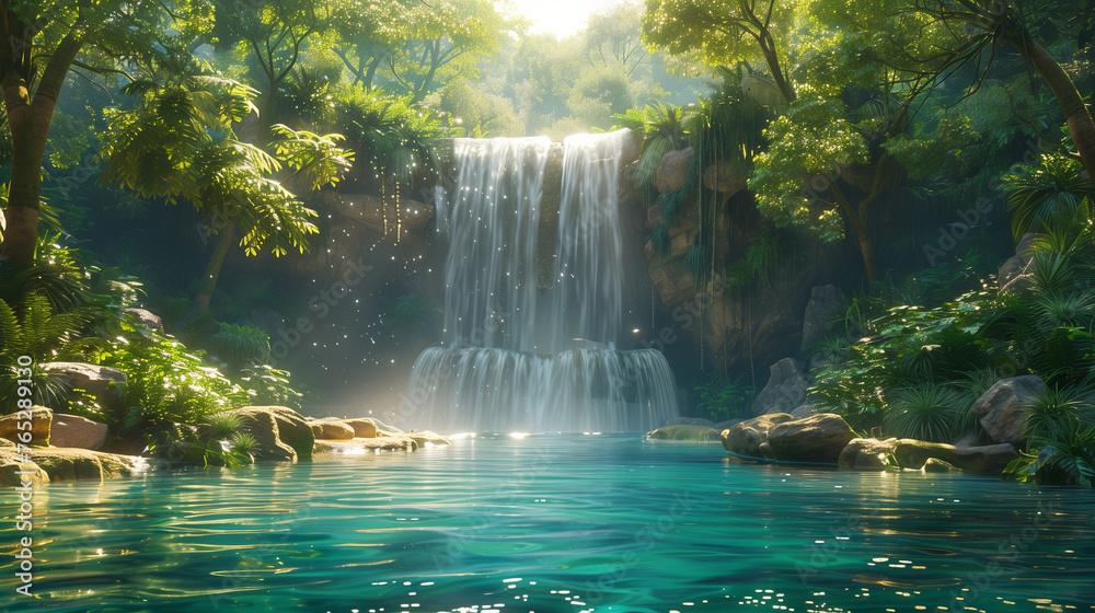 A vibrant World Water Day scene capturing a serene waterfall cascading into a tranquil pool. Generative ai