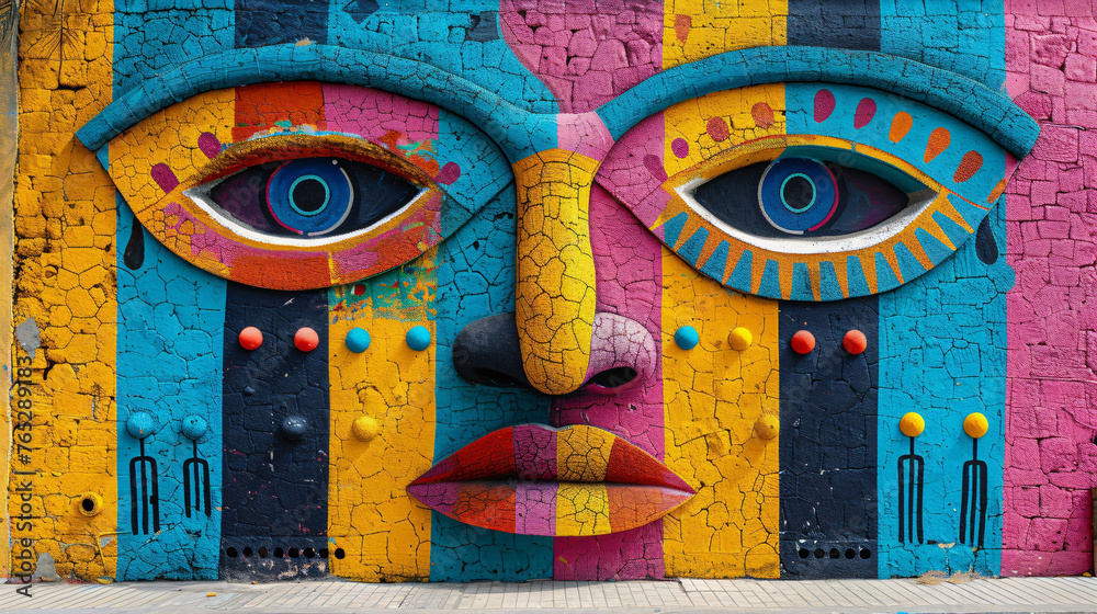 Naklejka premium Colorful mural of abstract face, vibrant street art, reflects urban creativity and culture.