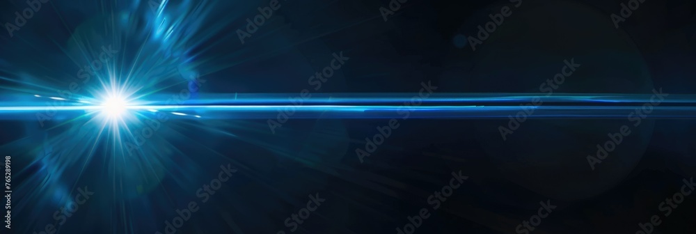 Blue light beam crossing darkness horizontally - Striking horizontal blue light beam projecting through darkness symbolizing connection and speed - obrazy, fototapety, plakaty 