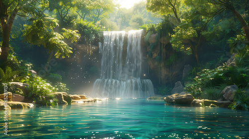 A vibrant World Water Day scene capturing a serene waterfall cascading into a tranquil pool. Generative ai