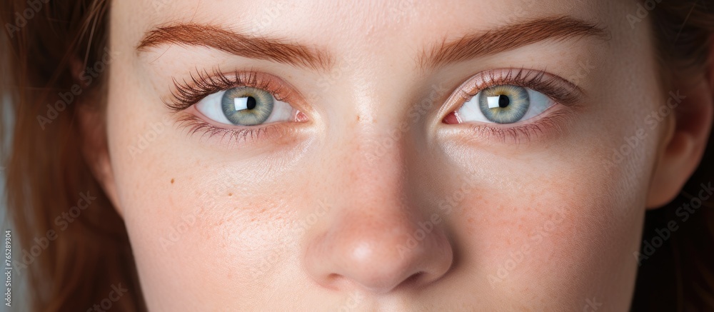 A closeup selfie of a womans face with electric blue eyes and jaw, red hair, and a captivating smile. Her detailed nose, long eyelashes, and green iris shine in the macro photography