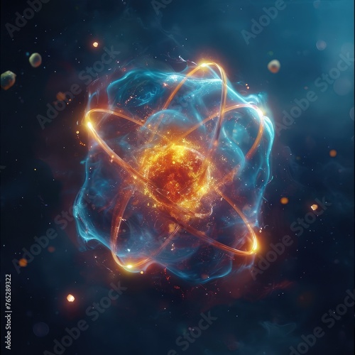 Atomic dance  subatomic realm  electrons  neutrons  and protons orbit a fixed nucleus in a model empty space within atoms  showcasing set  predictable paths in the intricate world of particle physics