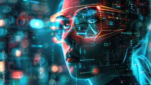 Digital representation of a woman's face with data - Stunning visual of a digital woman's face overlaid with data and neon lights representing artificial intelligence © Tida