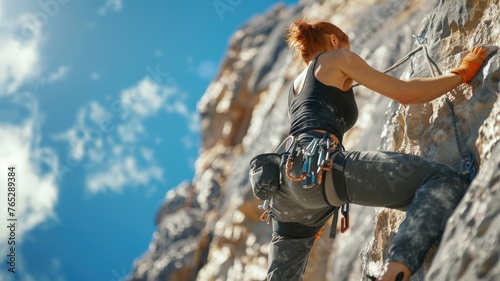 Female climber ascends rocky cliff - A dynamic image displaying a female rock climber skillfully ascending a steep cliff with climbing gear
